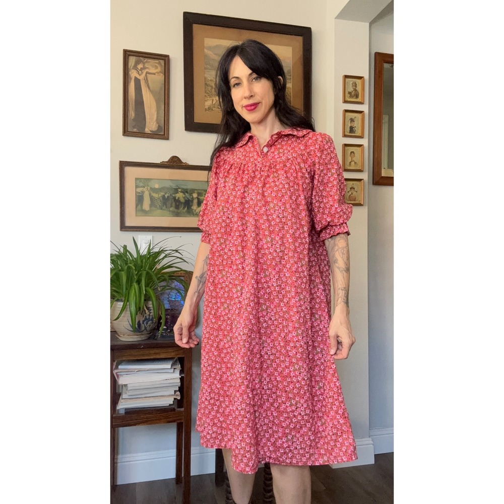 Vintage Hand Made Pink Floral Midi Dress Peter Pan Collar Cottagecore